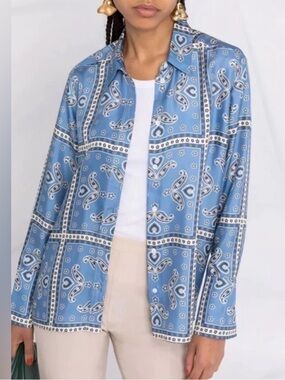 Sandro womans 100% Silk Blue Bandana Print Button-Up Shirt size M